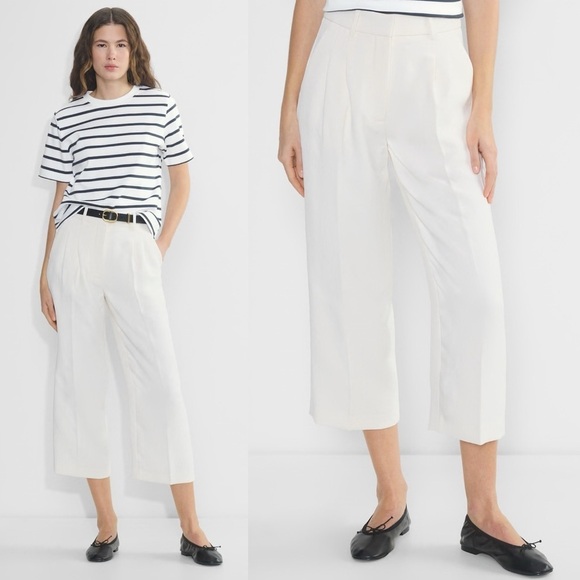 Aritzia- The Effortless Pants Cropped Crepette Light Birch Size 2 Wide Leg - Picture 1 of 9